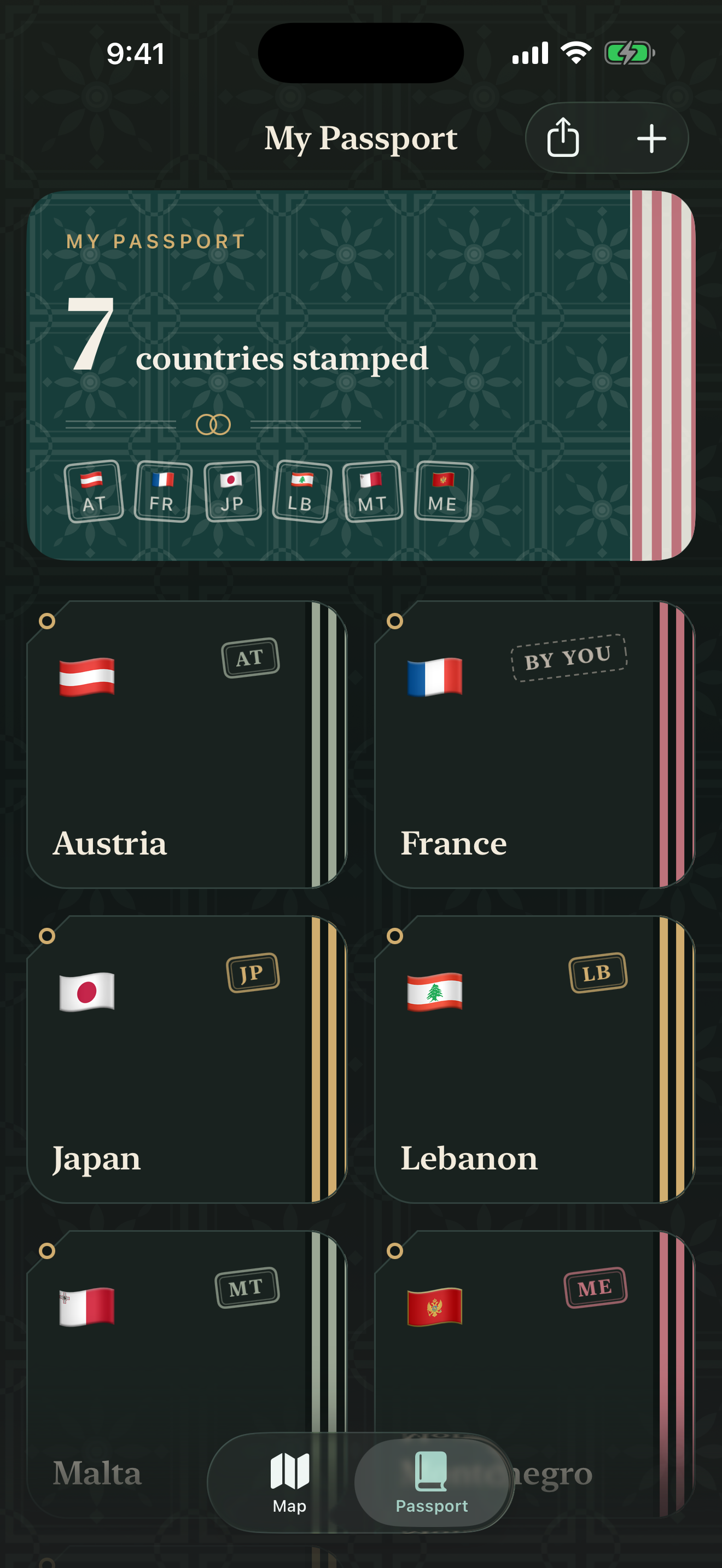 Around a World passport showing seven stamped countries