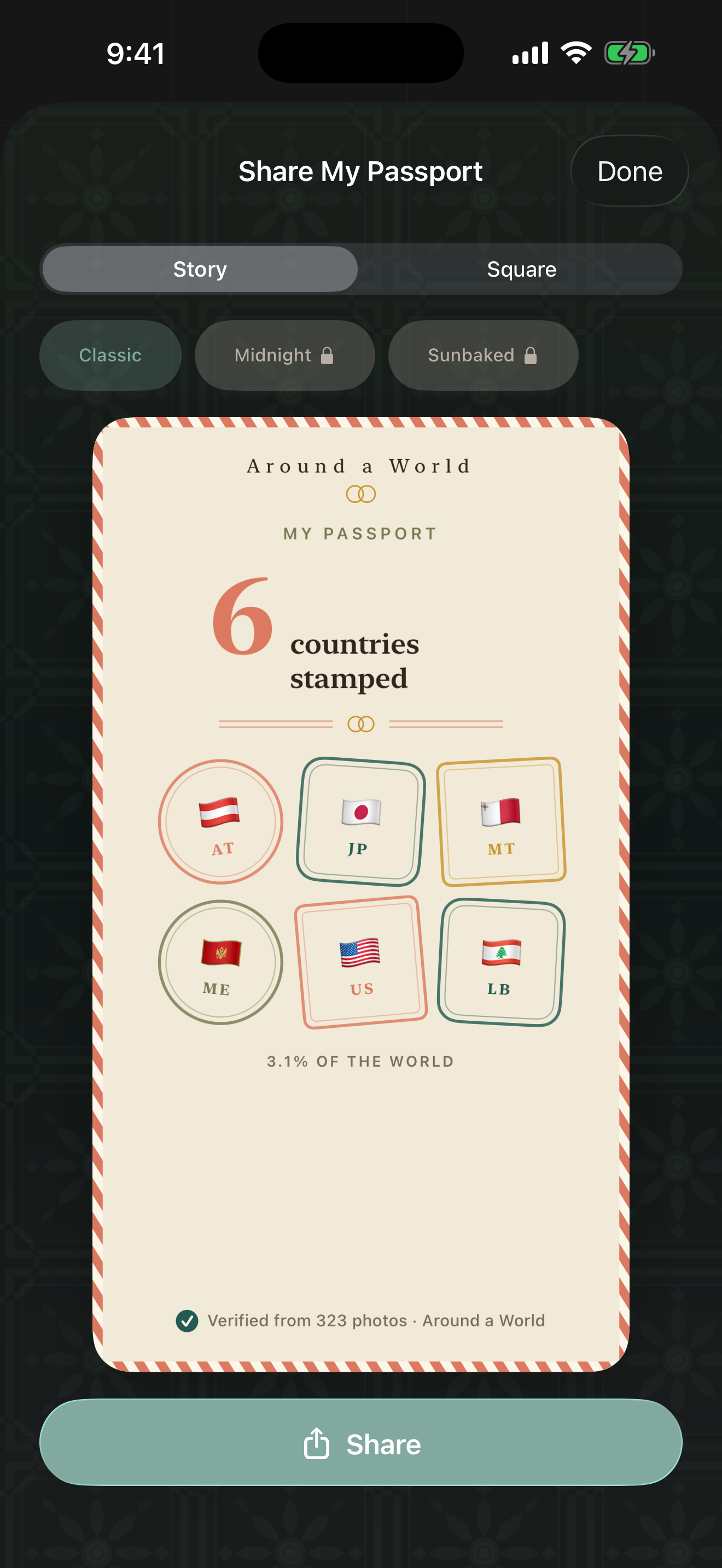 Share card with country stamps and a verified photo count