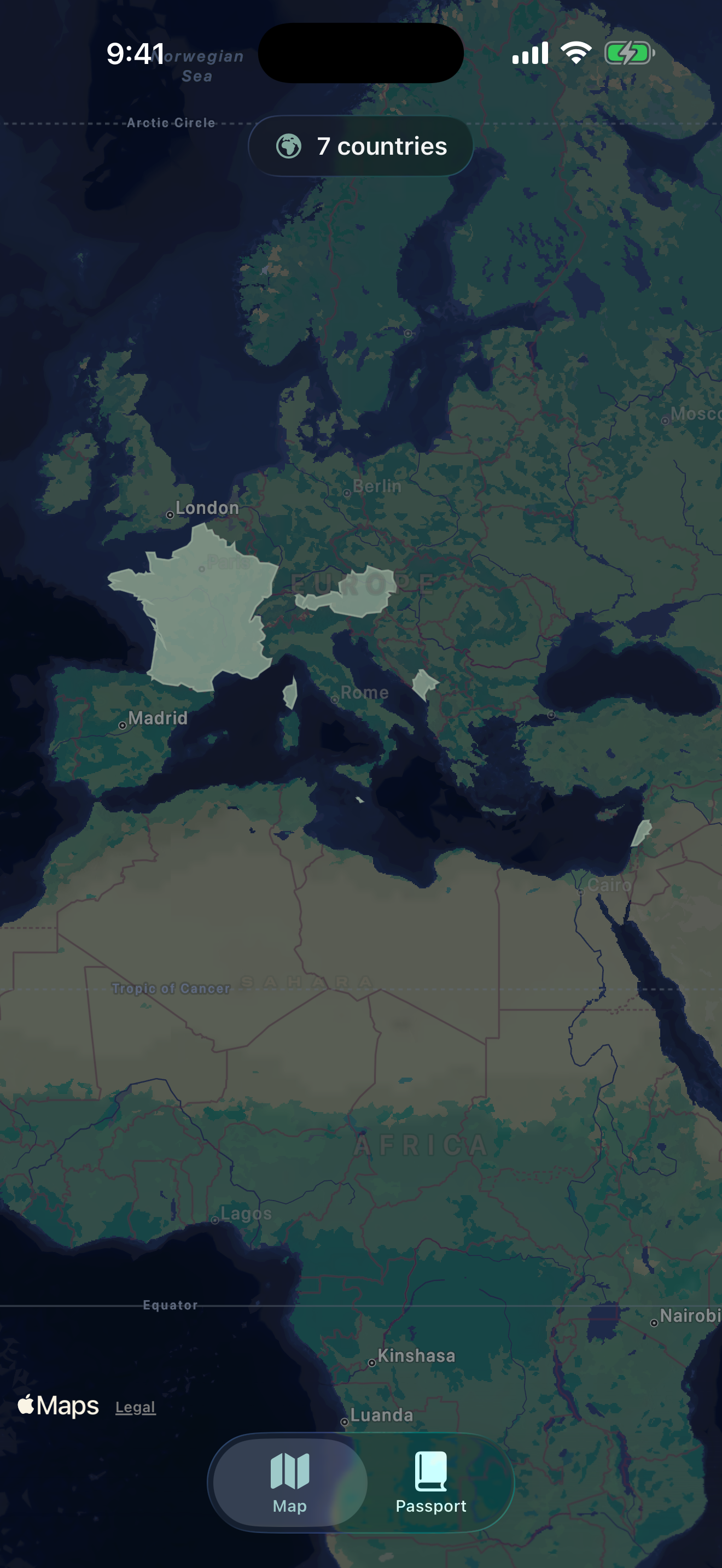 World map with visited countries and subdivisions filled