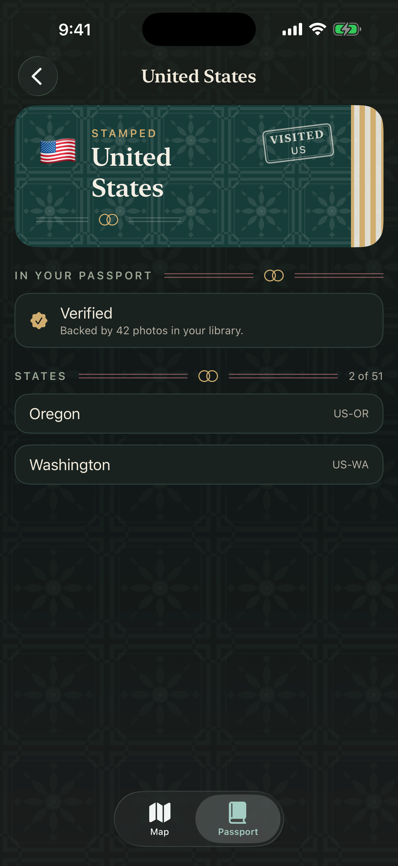 United States country detail showing state progress