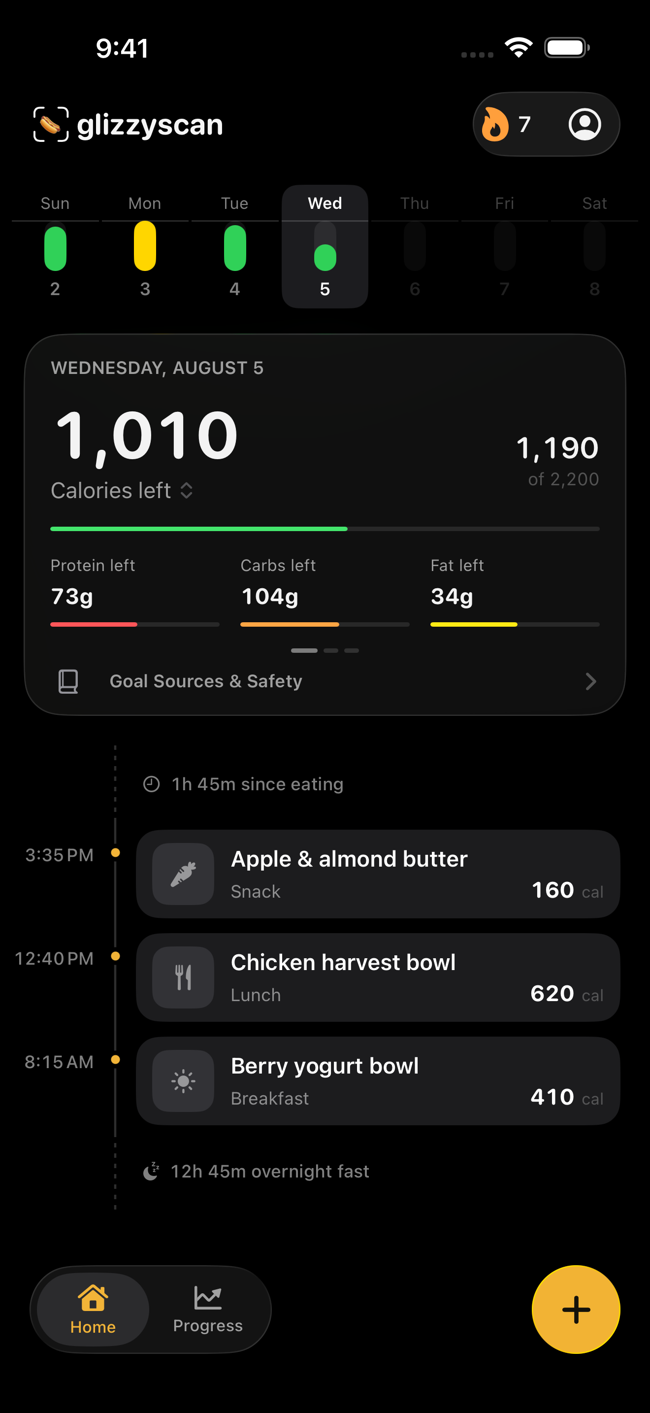 Current GlizzyScan build 3 Today screen showing calorie goals, source citations, meals, and progress navigation